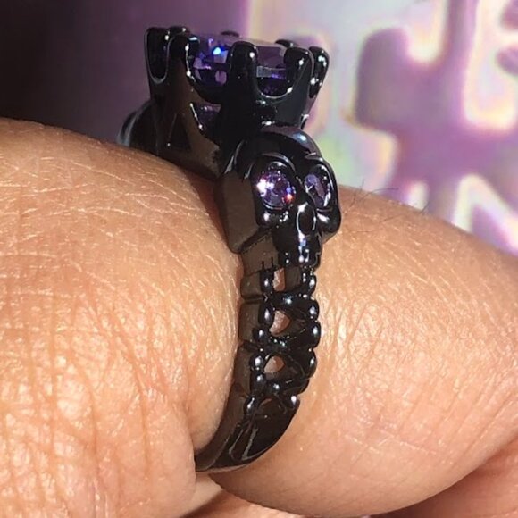 2PC Black Gold Plating Gothic Skull Rose Rings Crystal Amethyst Rhodolite - Picture 4 of 9